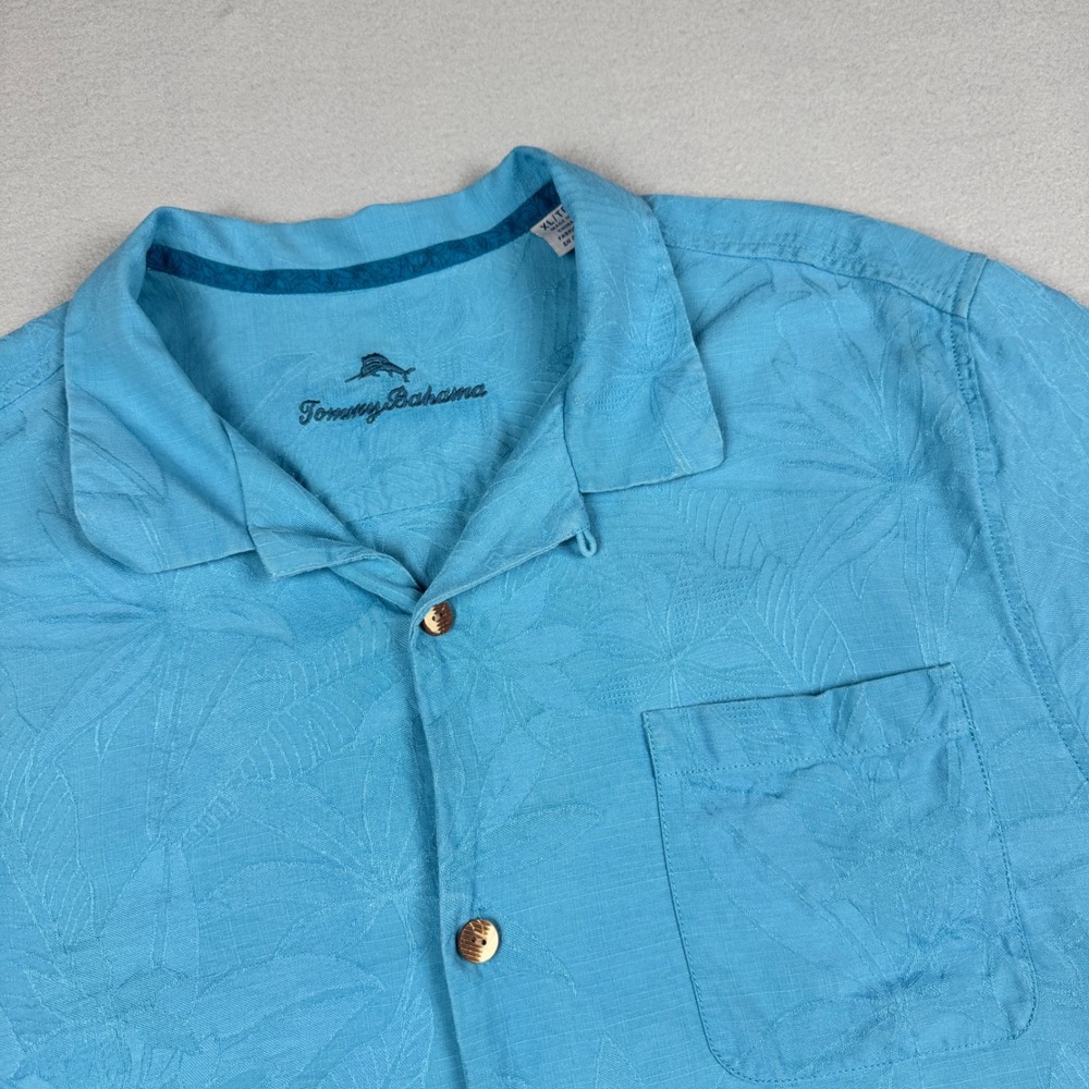 Tommy Bahama Mens XL Embroidered Silk Tropical Leaf Jacquard Camp Shirt‎ Blue